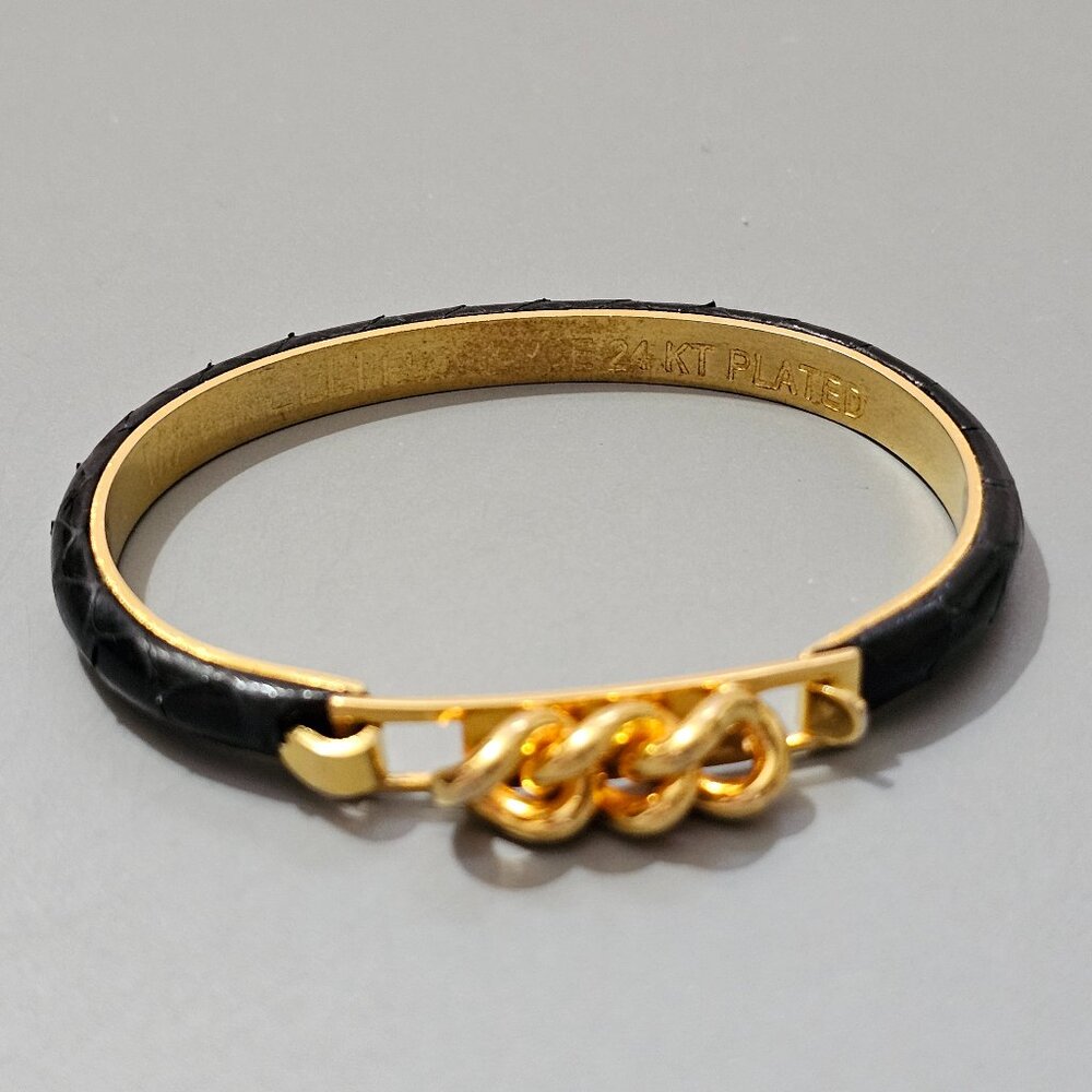 MANELLI FLORENCE Italy 24K Gold Plated Black Leather Bangle Bracelet 1980s Vtg